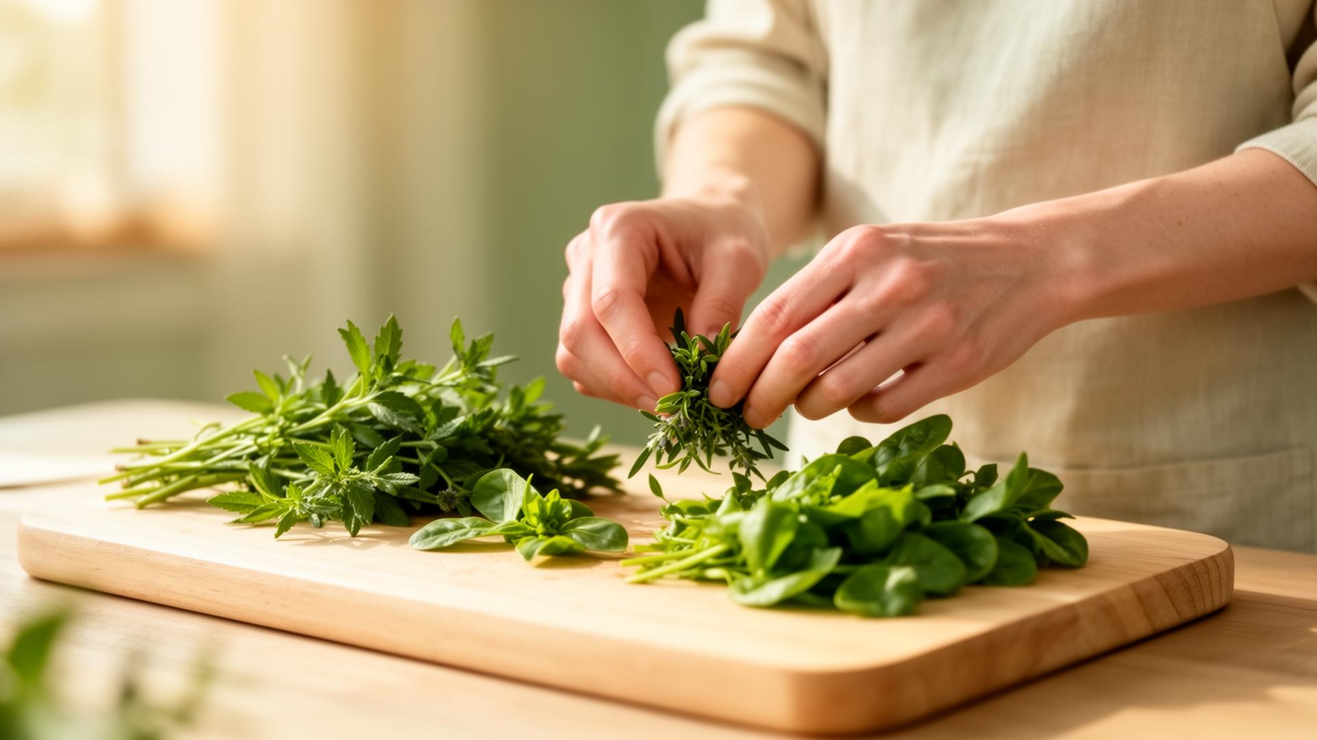Hands gently sorting fresh herbs on a wooden board